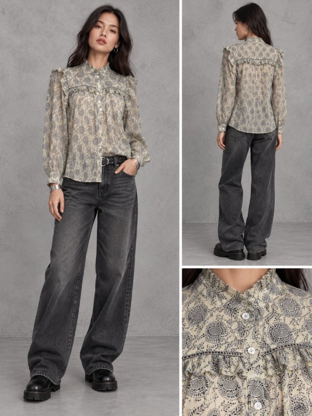 ba&sh BORA Ecru Black Botanical Print Ruffle Yoke Long Sleeve Blouse XS
